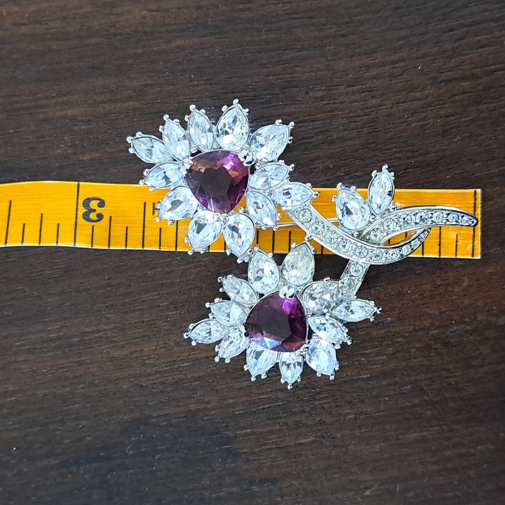 Nolan Miller Statement Brooch, Silver-tone, Rhinestone, Purple Stone - Picture 7 of 8